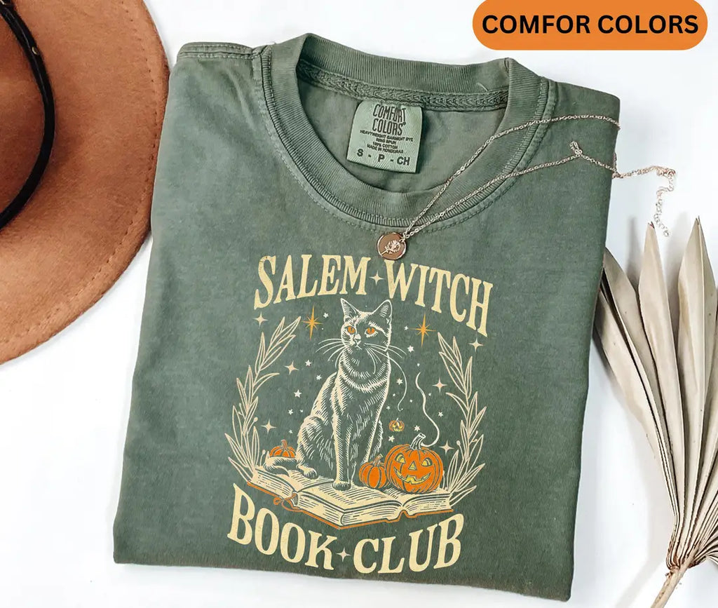 Salem Witch Book Club - Halloween Cat Comfort Colors T-Shirt alternate product view.