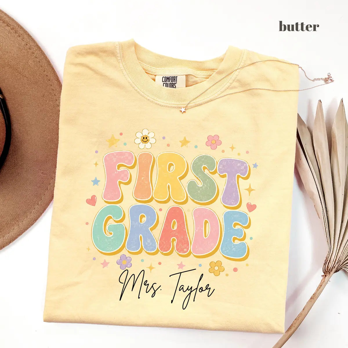 Butter Comfort Colors 1717 T-shirt with First Grade Teacher design
