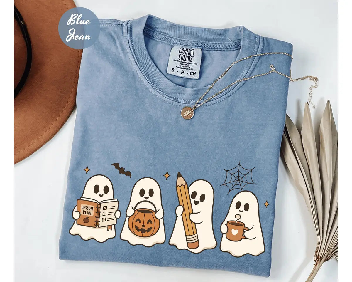 Blue Jean Comfort Colors 1717 T-shirt with Halloween Teacher Ghost design
