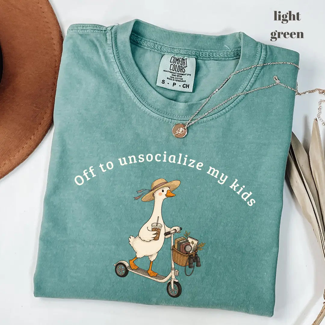 Comfort Colors 1717 T-shirt with Off To Unsocialize My Kids Goose design worn by a model view 2