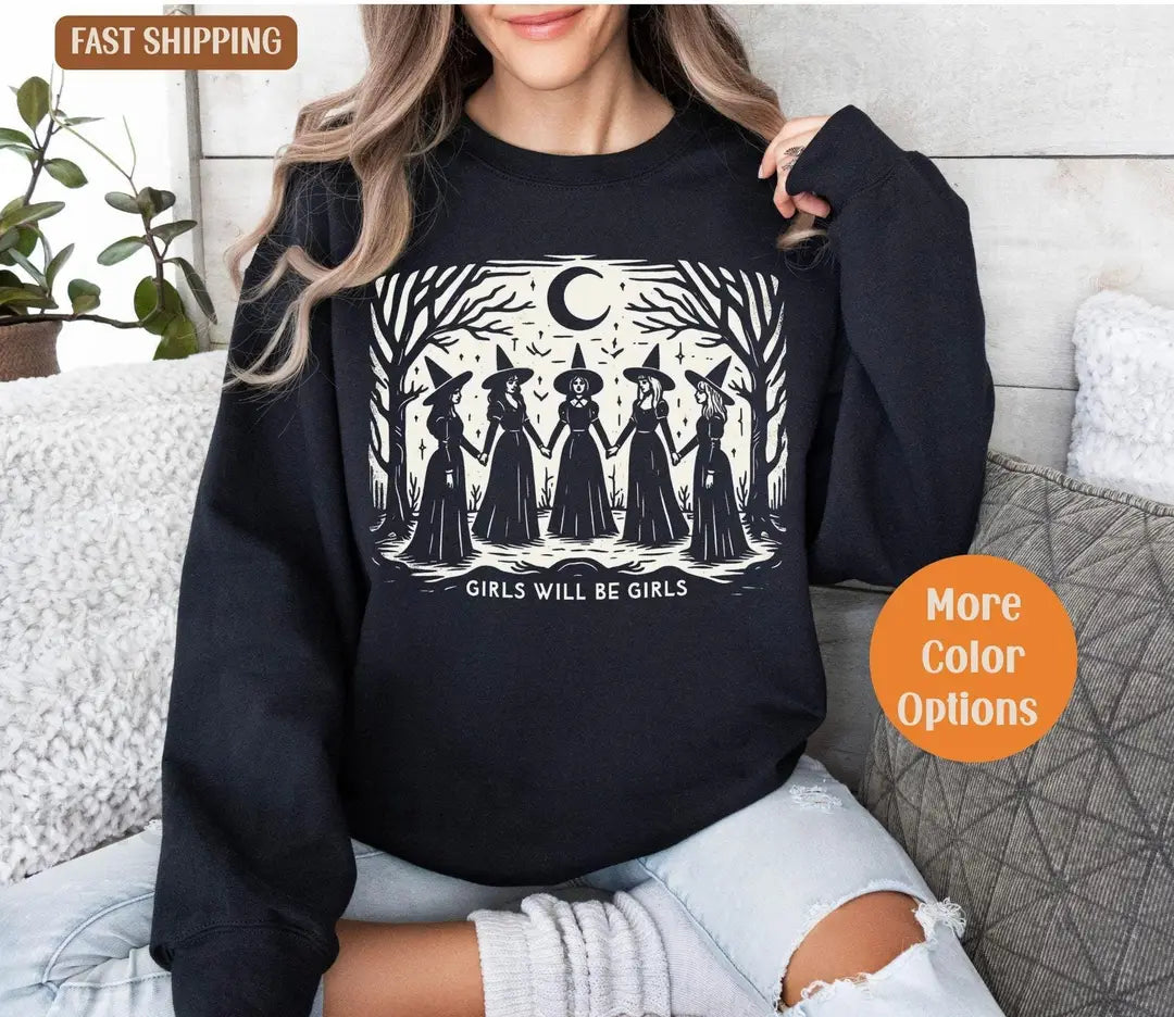 Black Crewneck sweatshirt with printed Vintage Girls Will Be Girls Witch design, alternate product view.