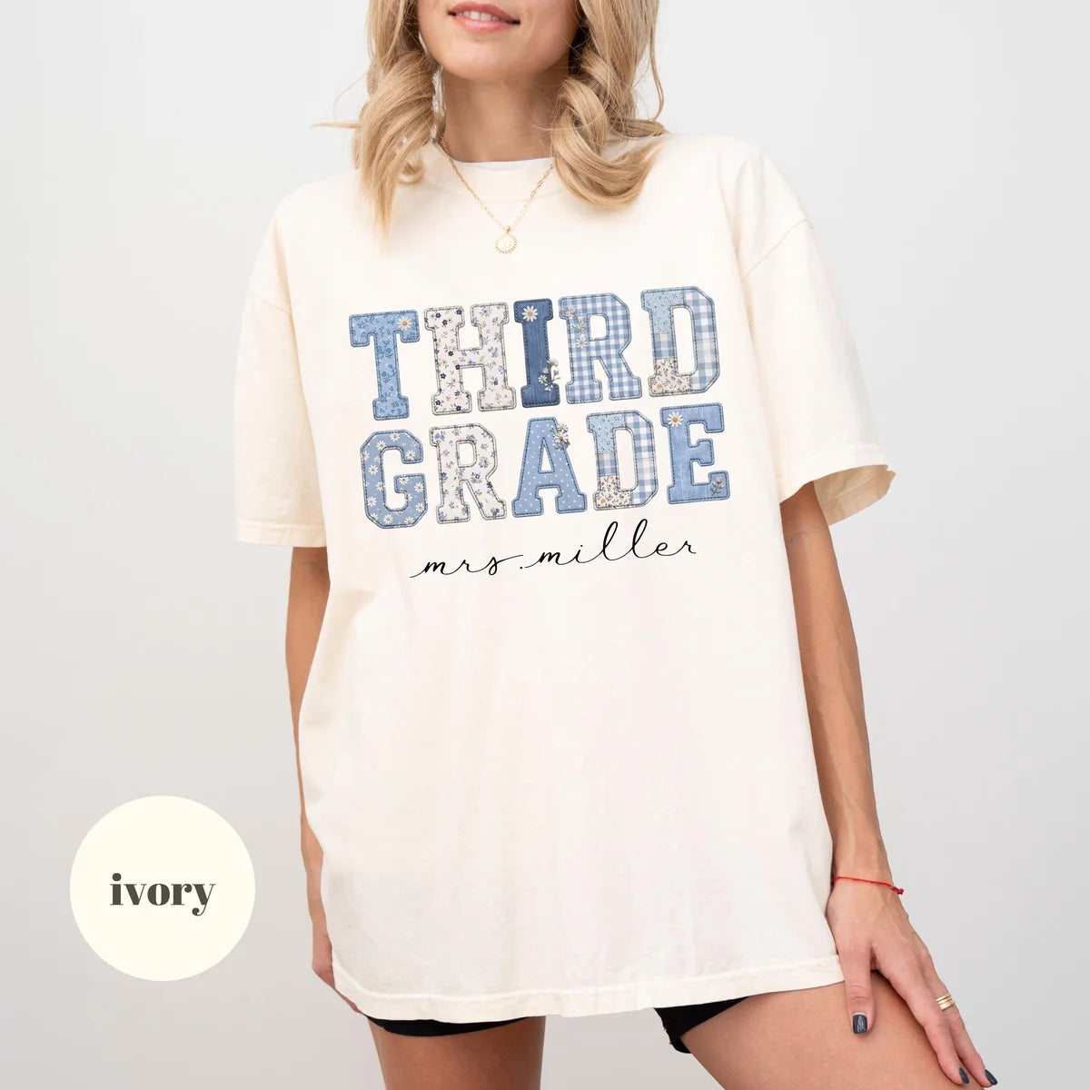 Ivory Comfort Colors 1717 T-shirt with Third Grade Teacher design view 2