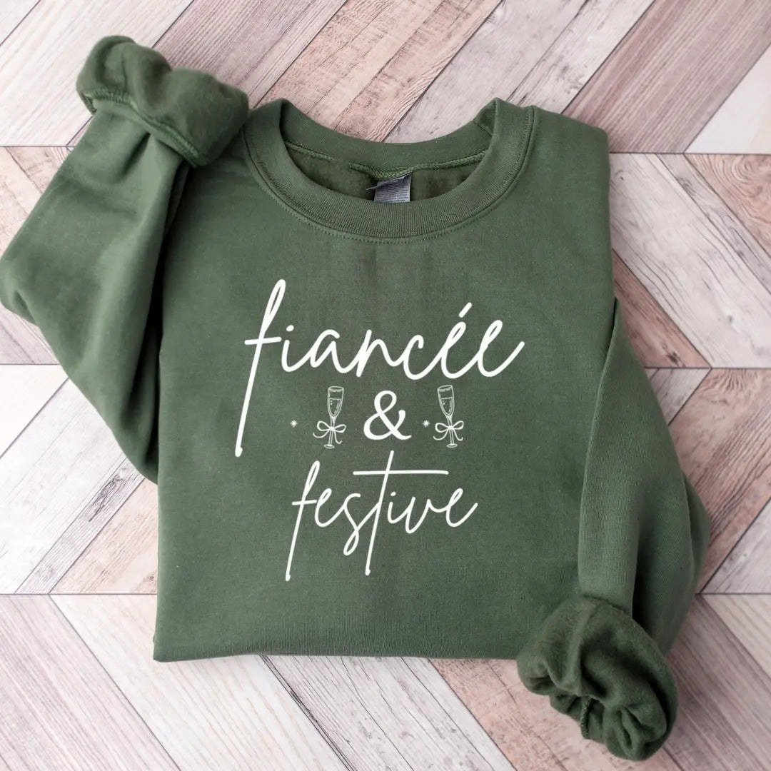 Crewneck sweatshirt with embroidered Fiancé Christmas design, alternate product view.