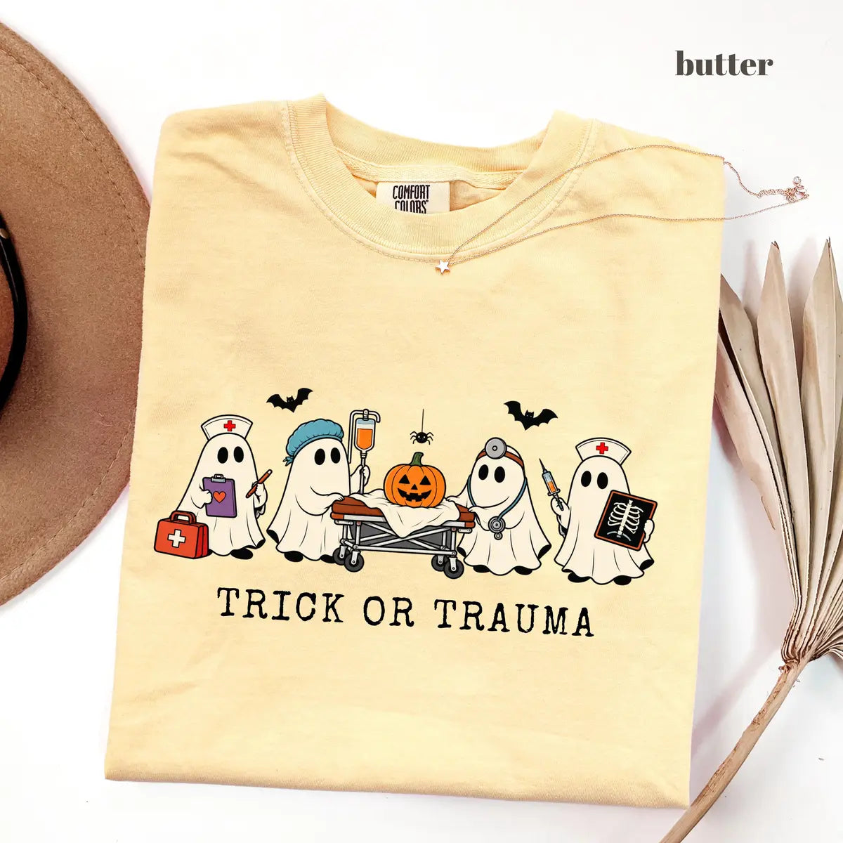 Butter Comfort Colors 1717 T-shirt with Trick or Trauma Nurse design