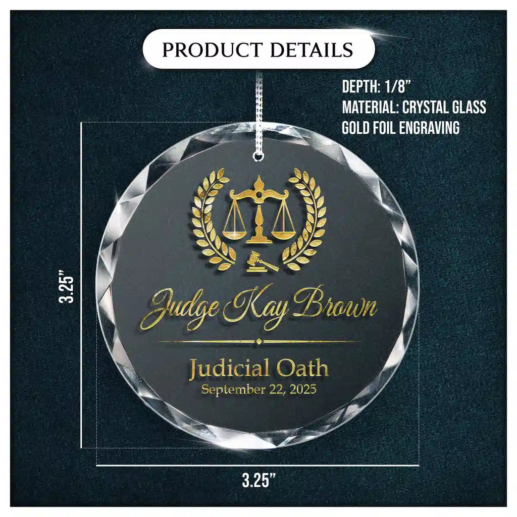 Product details card for a personalized engraved engraved crystal glass ornament, showing crystal glass construction, engraving, and a 3.25-inch size.
