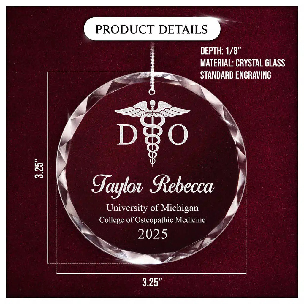 Product details card for a personalized engraved engraved crystal glass ornament, showing crystal glass construction, engraving, and a 3.25-inch size.