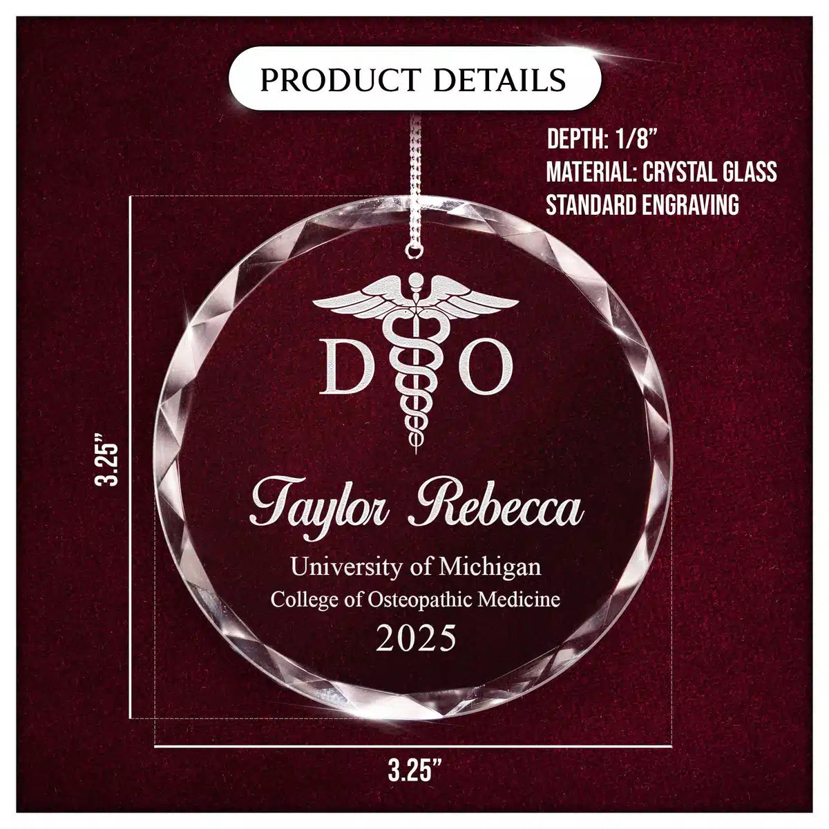Product details card for a personalized engraved engraved crystal glass ornament, showing crystal glass construction, engraving, and a 3.25-inch size.