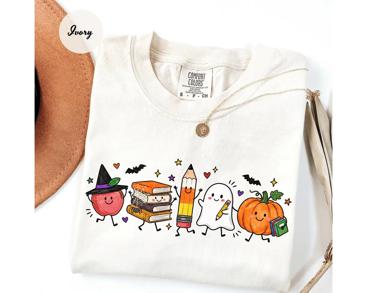 Ivory Comfort Colors 1717 T-shirt with Cute Halloween Teacher design worn by a model