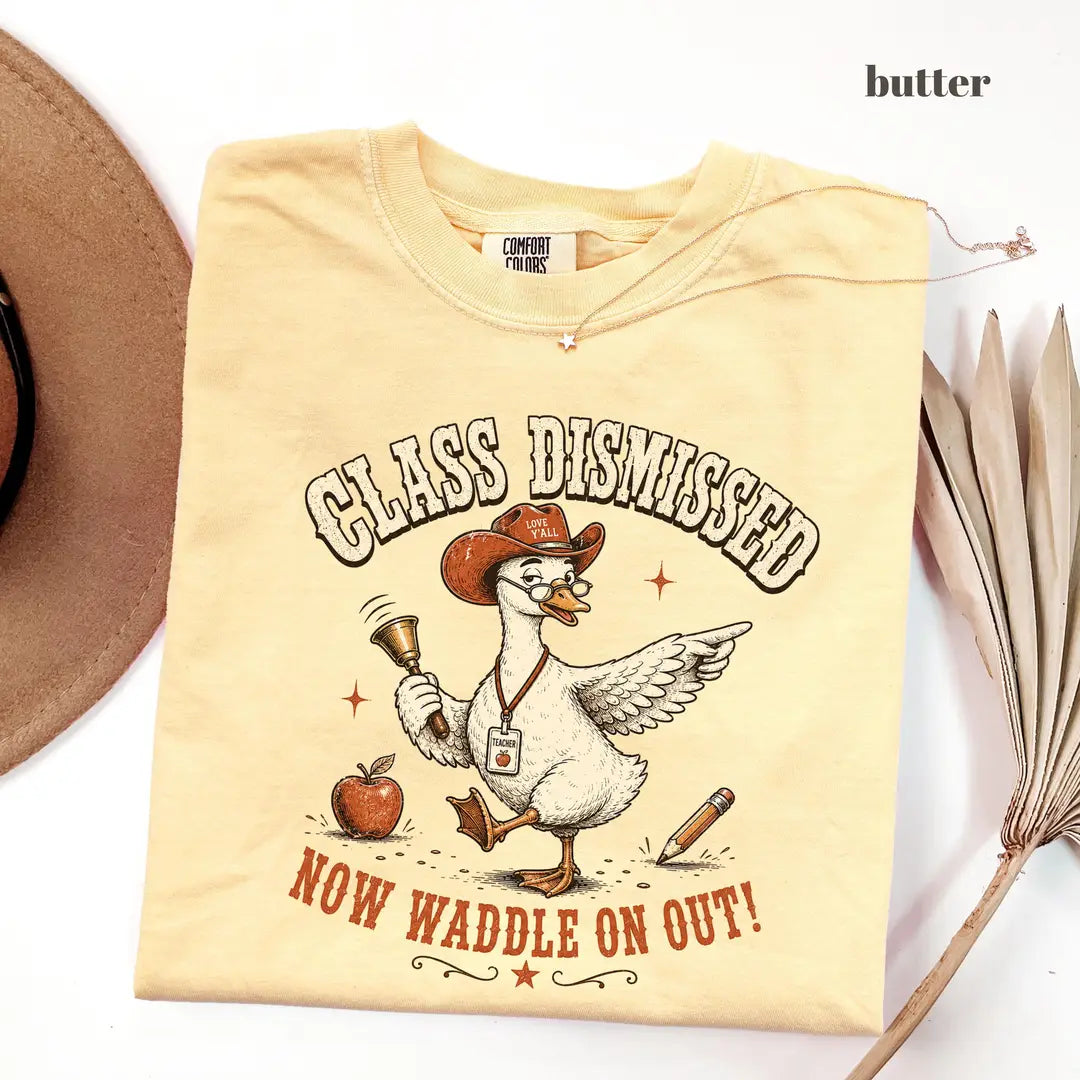 Butter Comfort Colors 1717 T-shirt with Class Dismissed Teacher design worn by a model