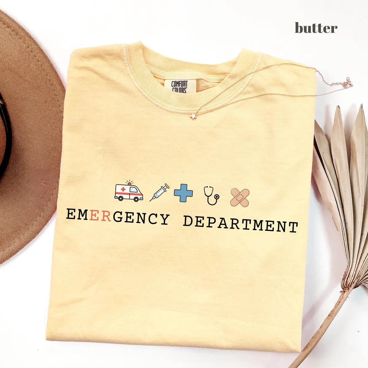 Butter Comfort Colors 1717 T-shirt with Emergency Department design