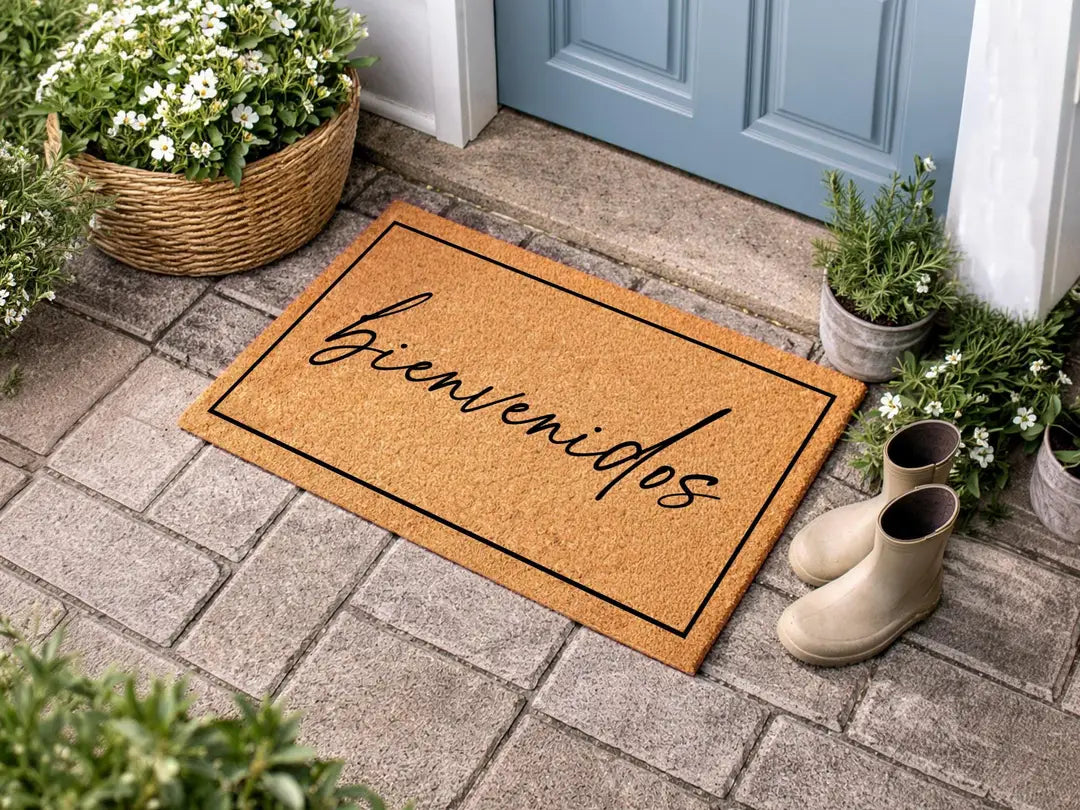 Coir doormat with a framed bienvenidos script message on brick pavers beside a light blue door with rain boots