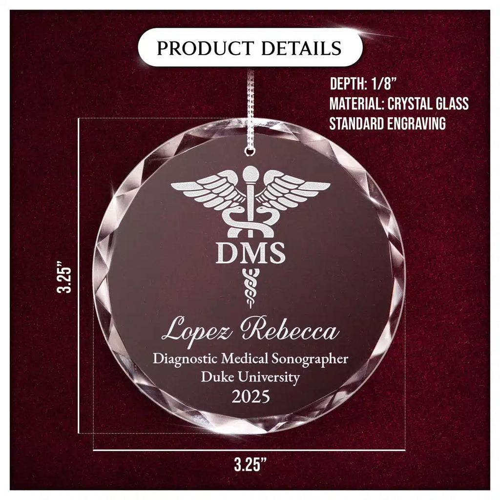 Product details card for a personalized engraved engraved crystal glass ornament, showing crystal glass construction, engraving, and a 3.25-inch size.