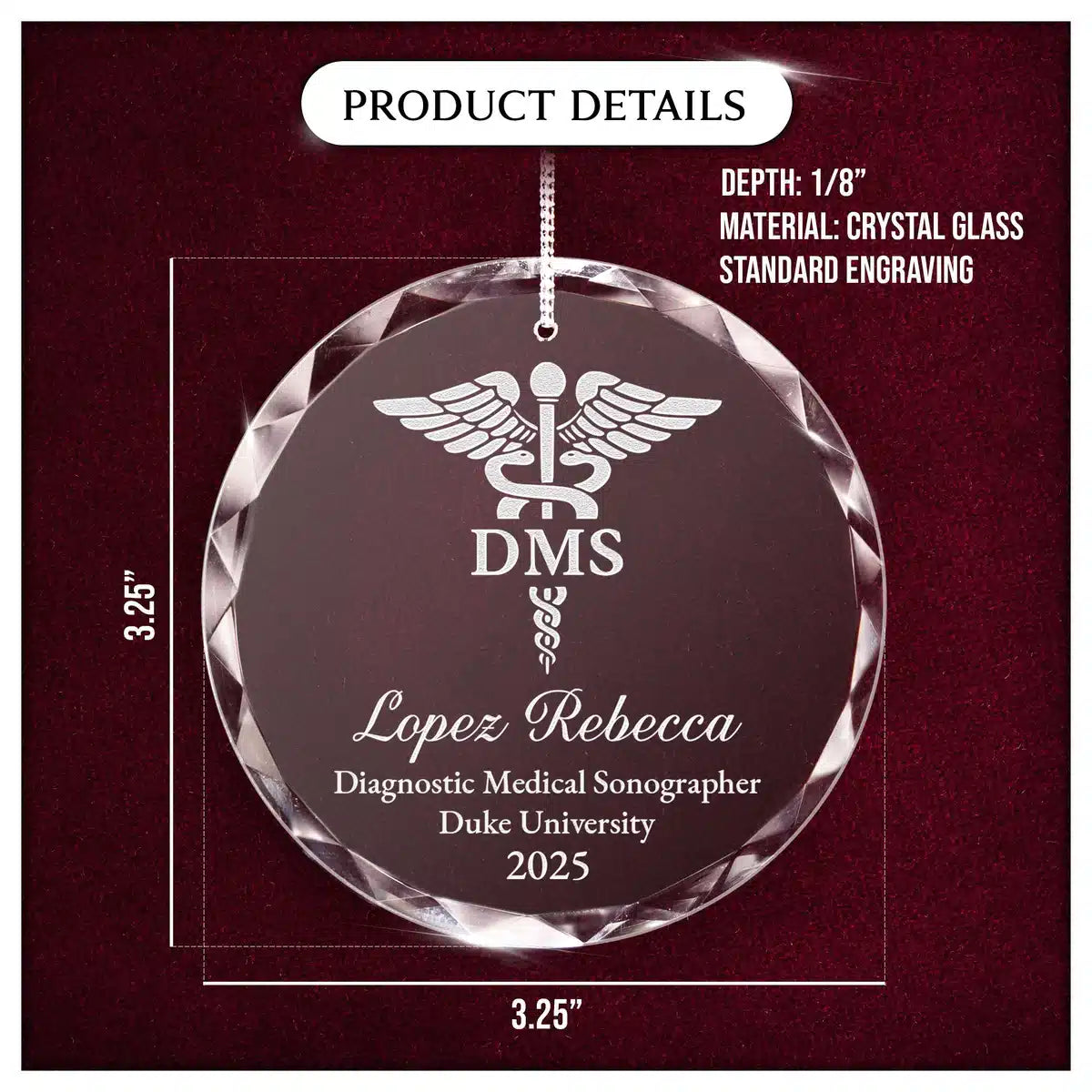 Product details card for a personalized engraved engraved crystal glass ornament, showing crystal glass construction, engraving, and a 3.25-inch size.