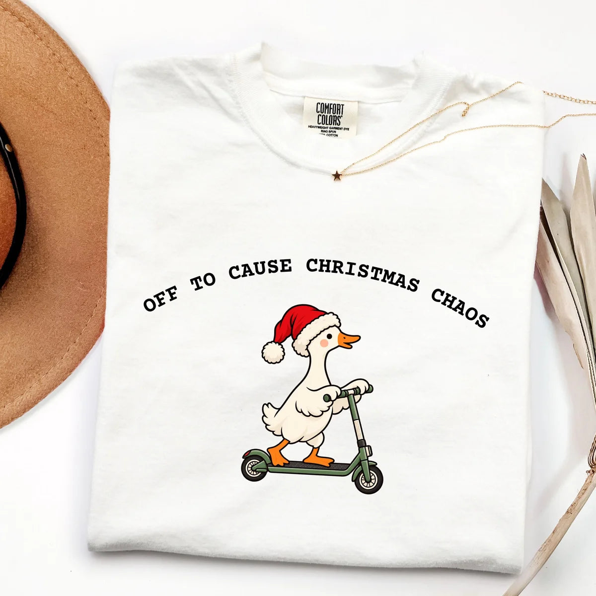 White Comfort Colors 1717 T-shirt with Christmas Goose design worn by a model view 2