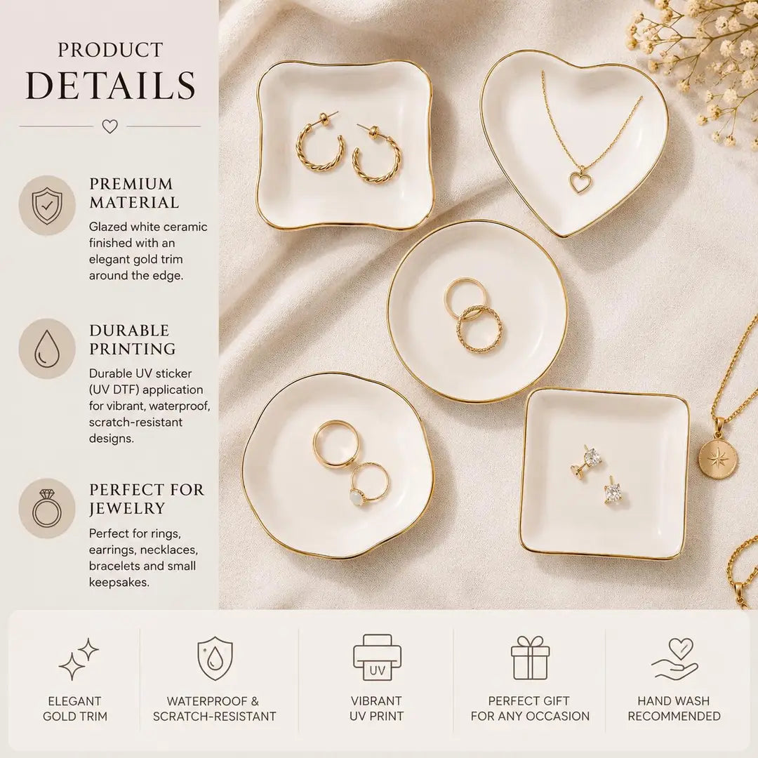 Product details card for the glazed ceramic ring dish with gold trim, UV print and shape examples