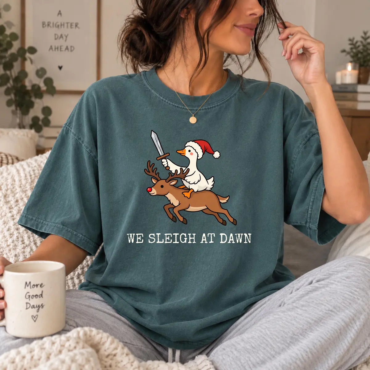 Comfort Colors 1717 T-shirt with We Sleigh at Dawn Goose design worn by a model view 2