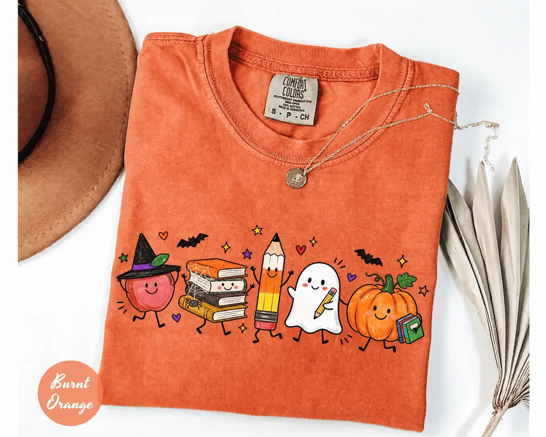 Comfort Colors 1717 T-shirt with Cute Halloween Teacher design worn by a model view 3