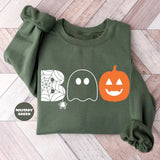 Military Green crewneck sweatshirt with the word boo spelled with a spider web letter, a ghost and a jack-o-lantern, flat lay view.
