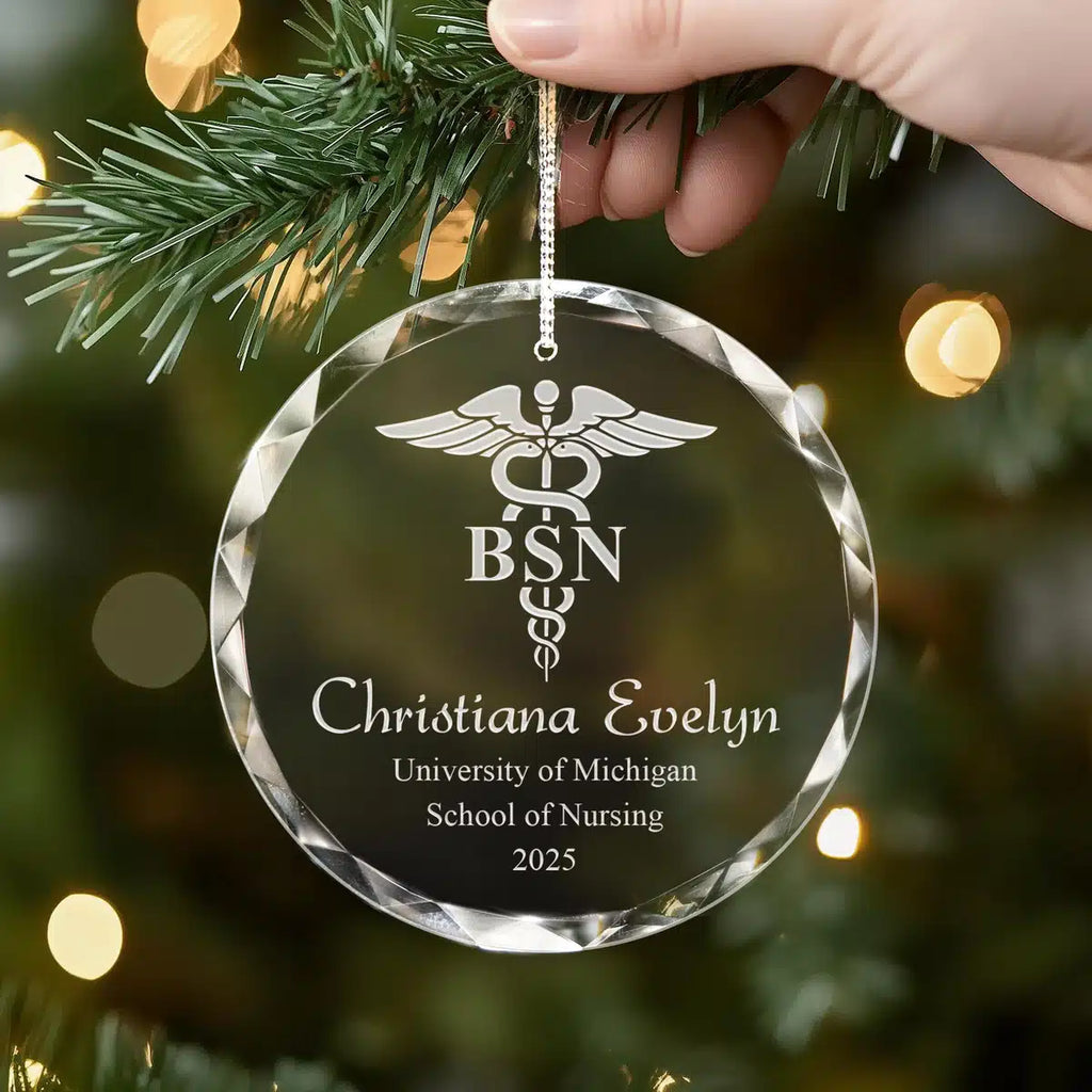 Additional view of a Nursing Graduation personalized engraved engraved crystal glass ornament.