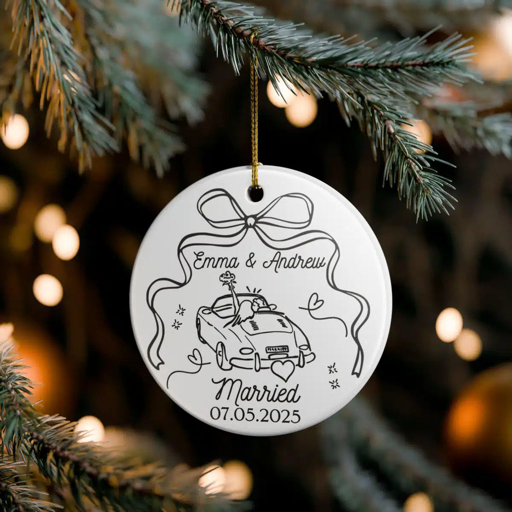Additional view of a First Christmas Married personalized ceramic ornament.