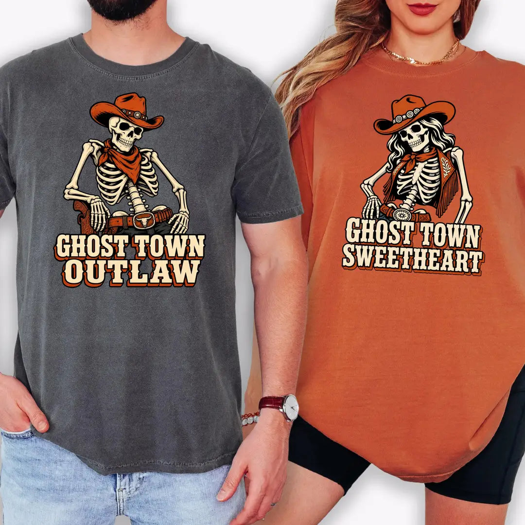 He's My Trick She's My Treat Skeleton Couple Comfort Colors T-Shirt shown on a model.