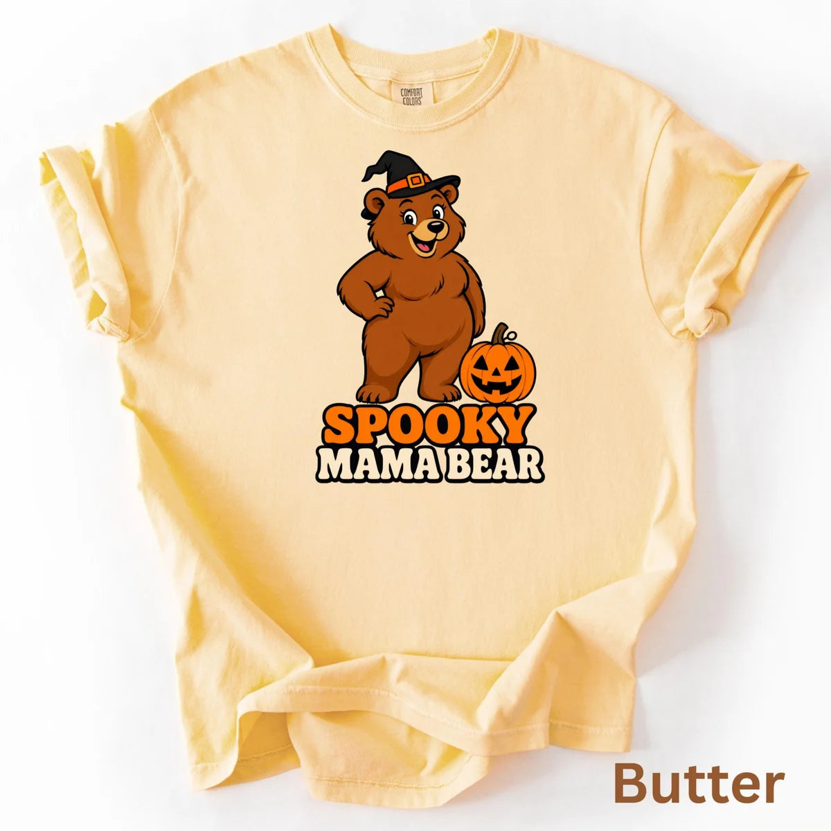 Spooky Mama Bear Halloween Comfort Colors T-Shirt alternate product view in Butter.
