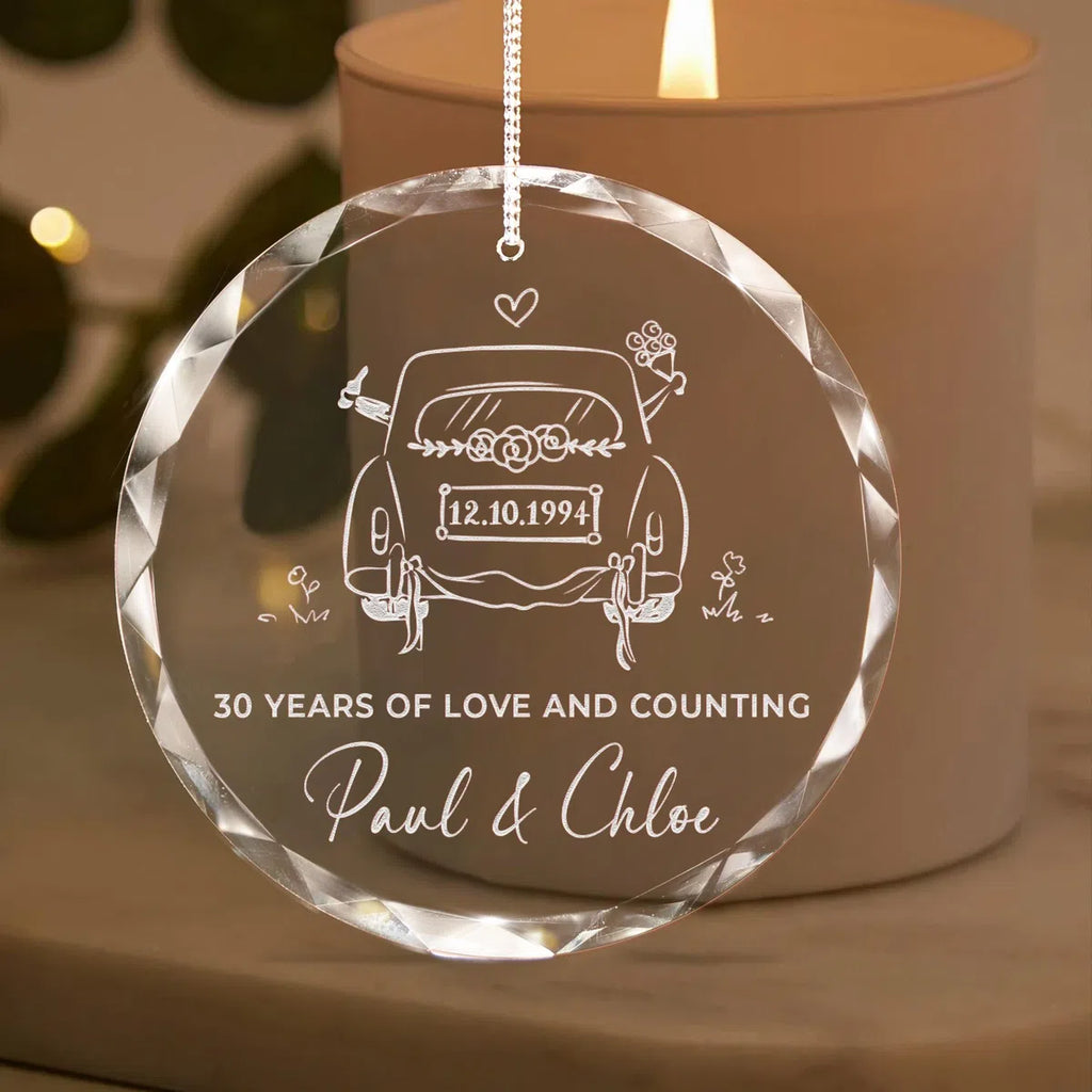 Additional view of a 30th Anniversary personalized engraved engraved crystal glass ornament.