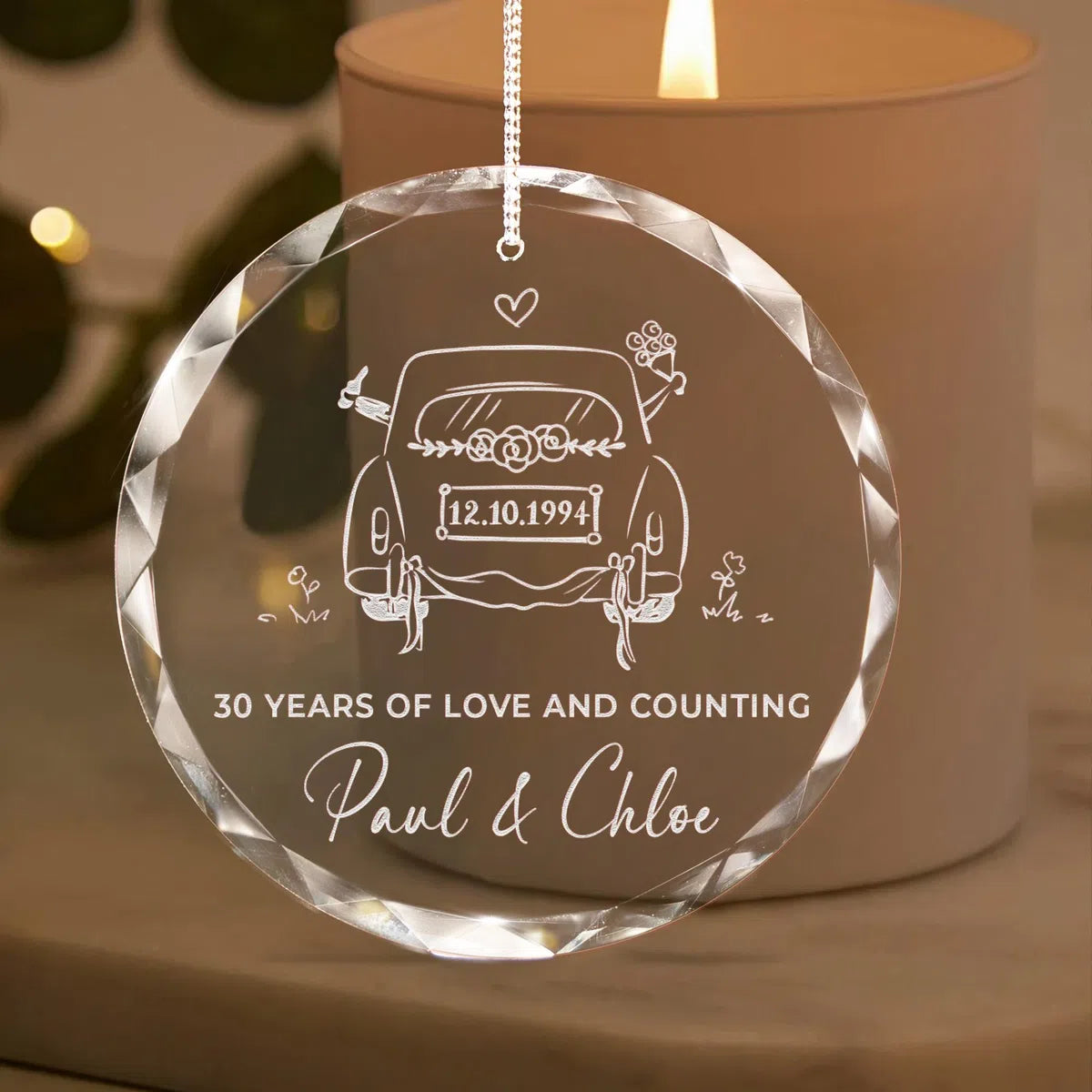Additional view of a 30th Anniversary personalized engraved engraved crystal glass ornament.