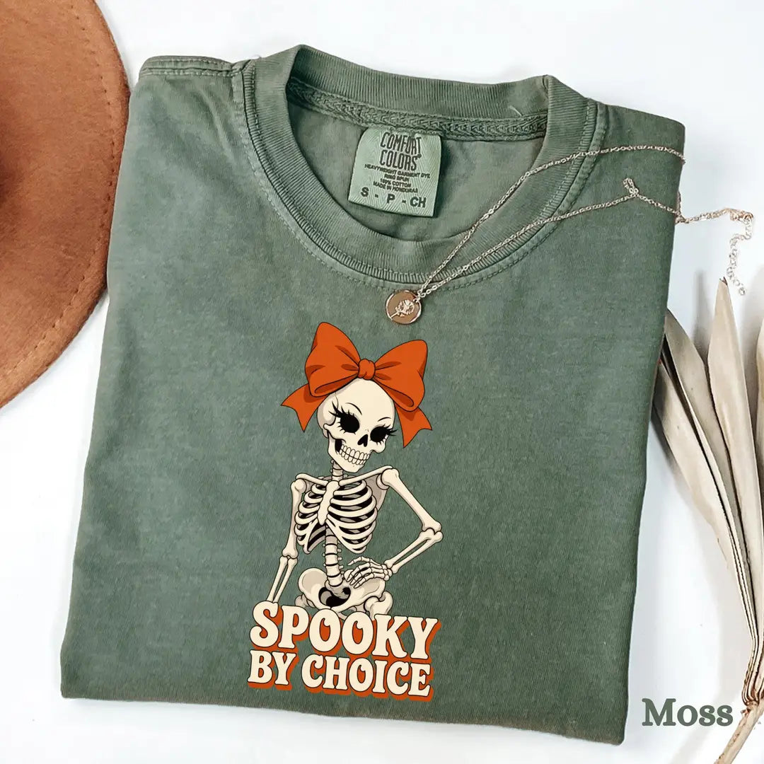 Spooky By Choice Skeleton Comfort Colors T-Shirt alternate product view in Moss.
