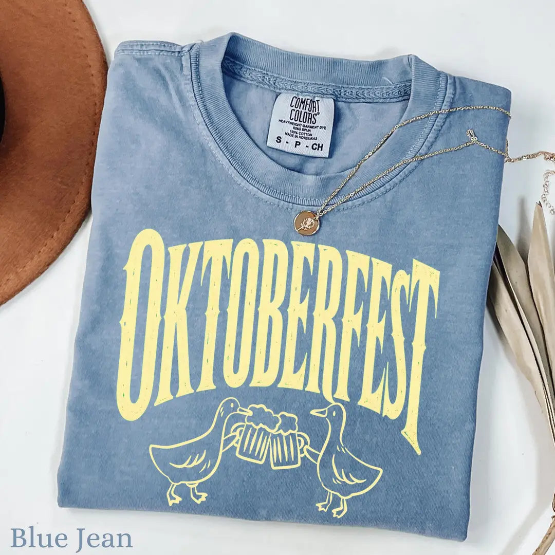 Oktoberfest Geese Beer Toast - German Festival Comfort Colors T-Shirt alternate product view in Blue Jean.