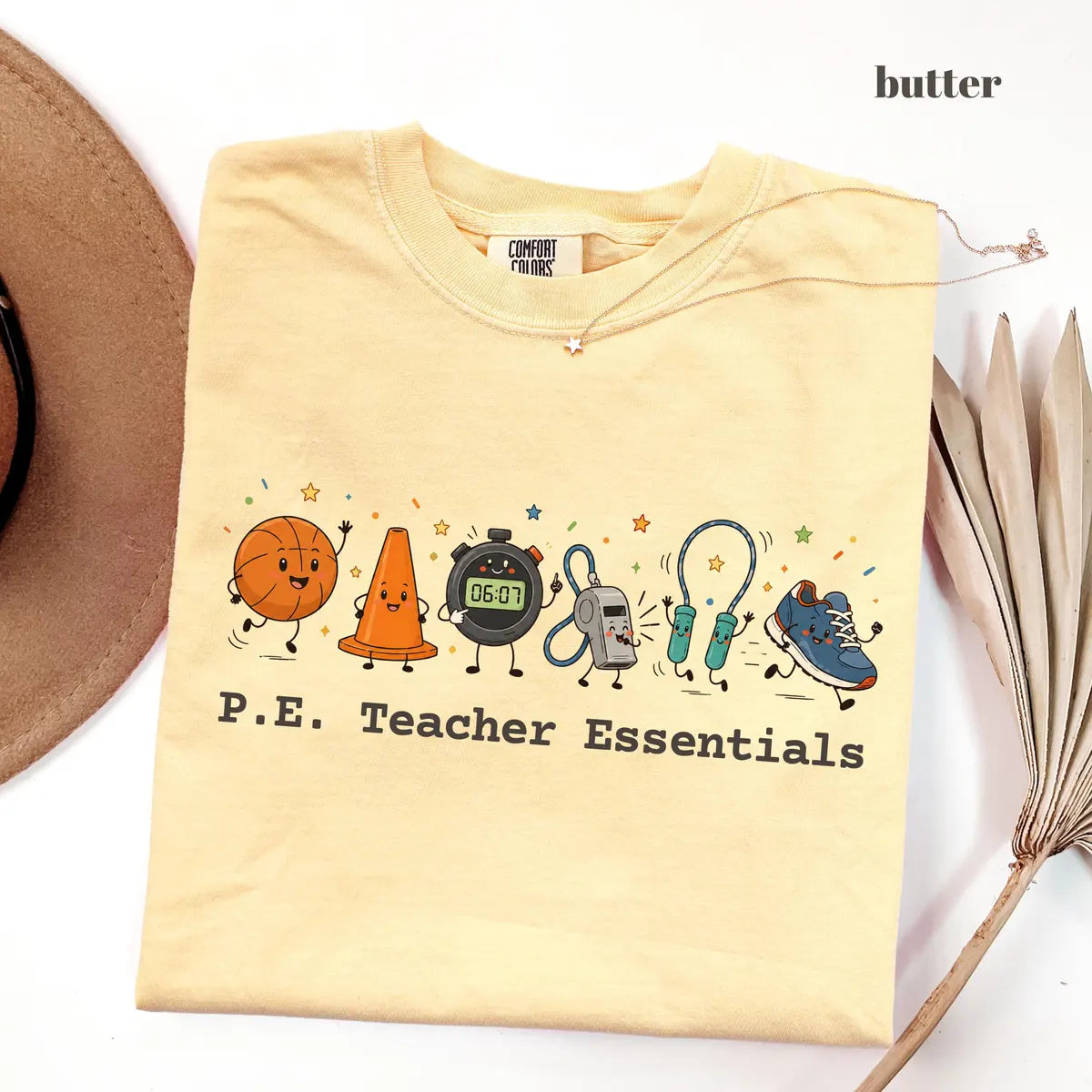 Butter Comfort Colors 1717 T-shirt with P.E Teacher Essentials design