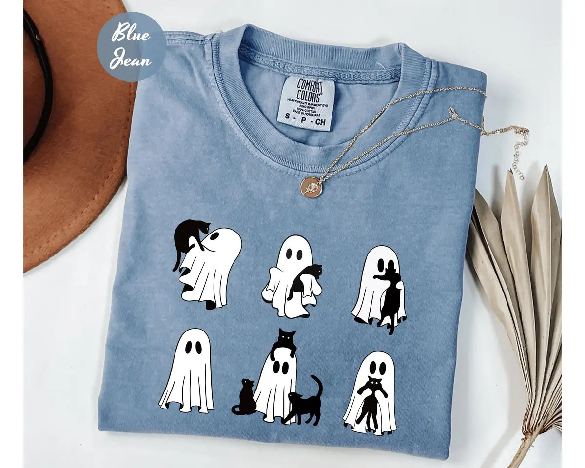 Blue Jean Comfort Colors 1717 T-shirt with Black Cat Ghost design