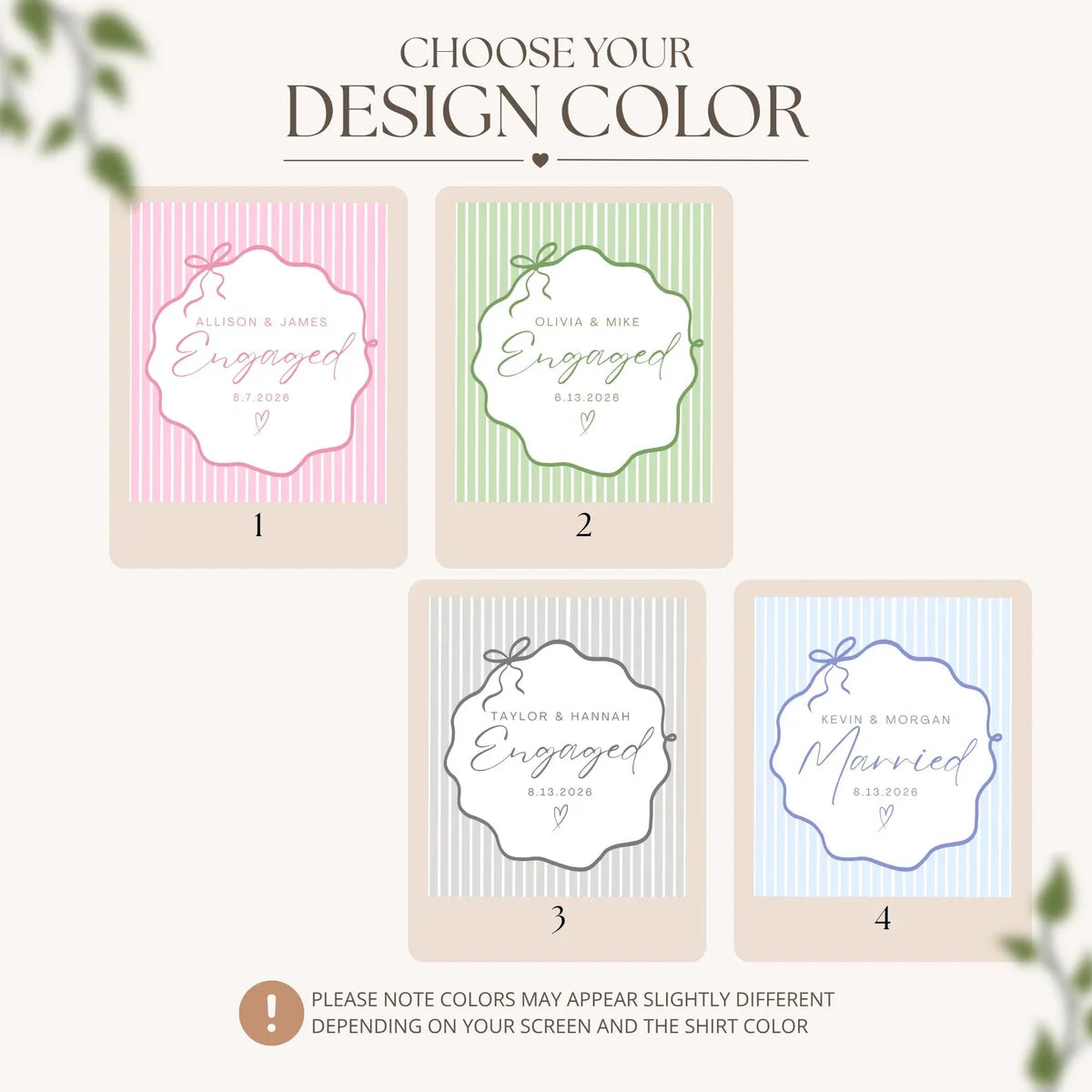 Design color options chart showing four pinstripe bow frame ornament colorways in pink, green, gray, and light blue
