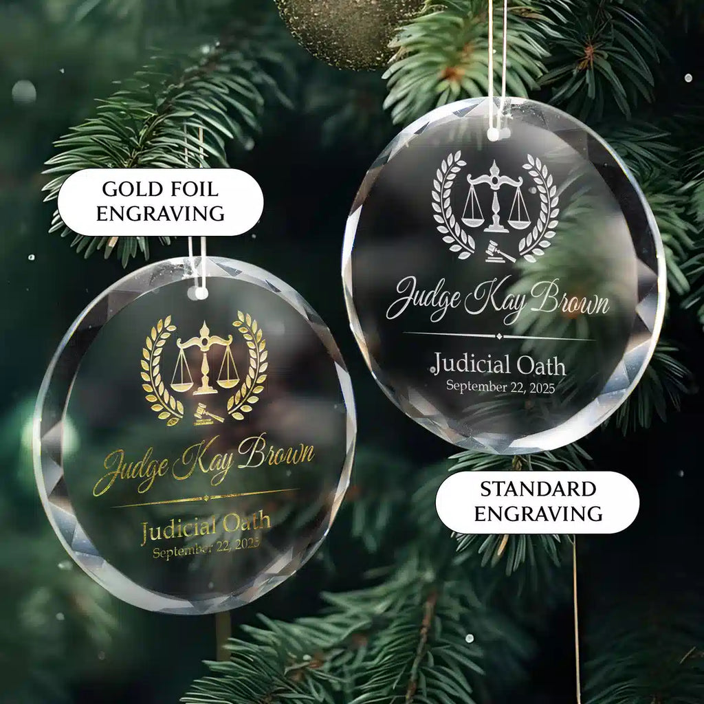Additional view of a Law Judge personalized engraved engraved crystal glass ornament.