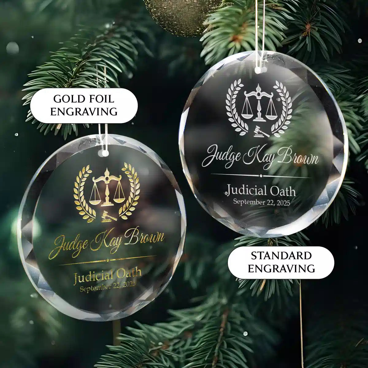 Additional view of a Law Judge personalized engraved engraved crystal glass ornament.