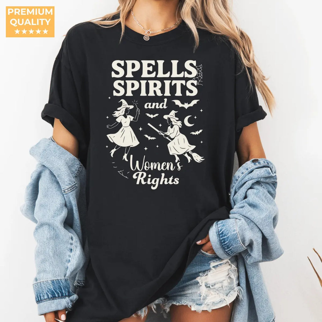 Spells Spirits & Women's Rights - Witch Halloween Comfort Colors T-Shirt alternate product view in Black.