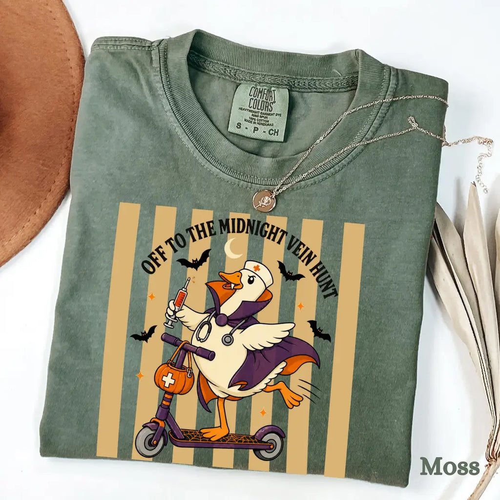 Off to the Midnight Vein Hunt - Nurse Goose Halloween Comfort Colors T-Shirt alternate product view.