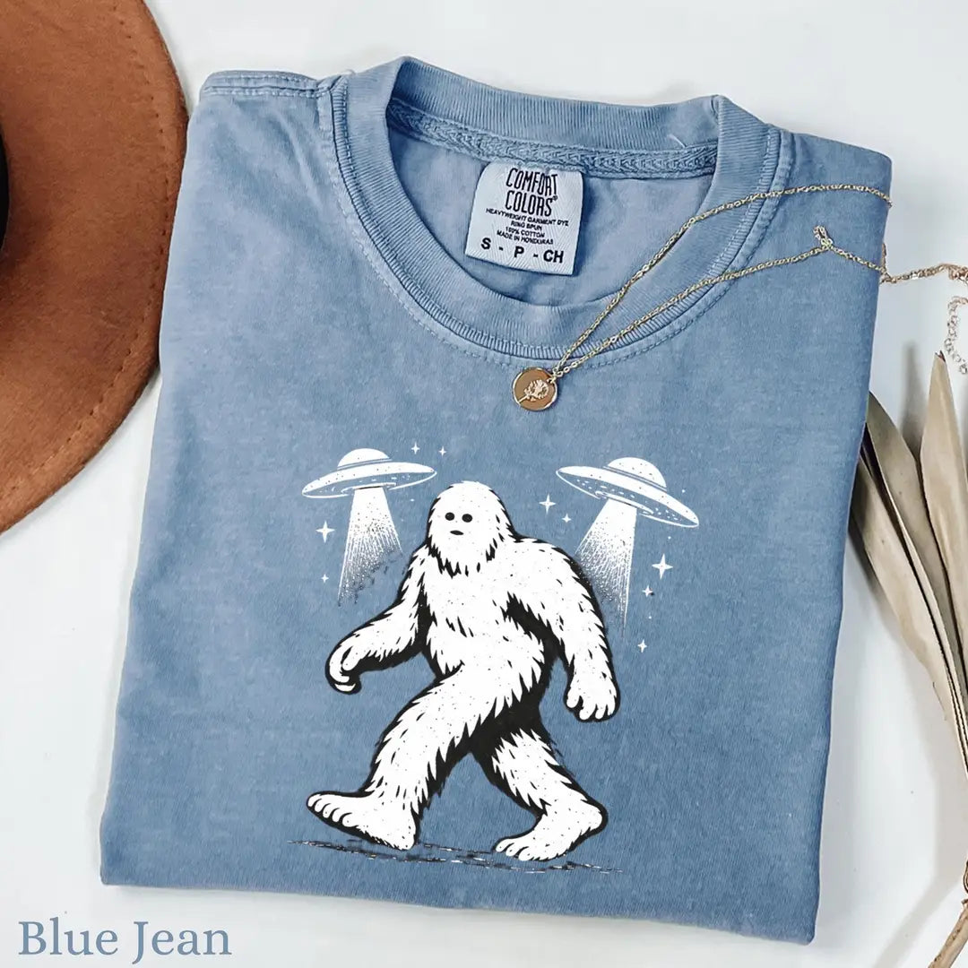 Blue Jean Crewneck sweatshirt with printed Bigfoot UFO design, alternate product view.