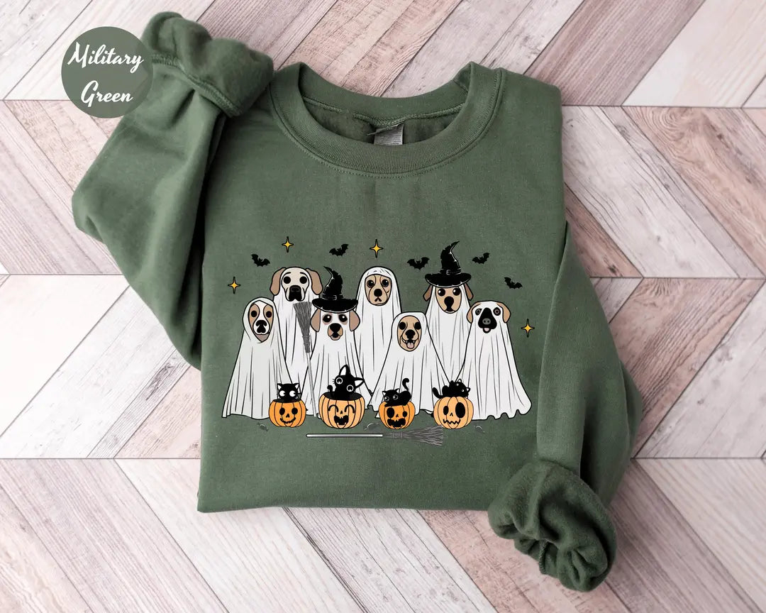 Military Green crewneck sweatshirt with printed ghost dogs with witch hats, pumpkins and bats, flat lay view.