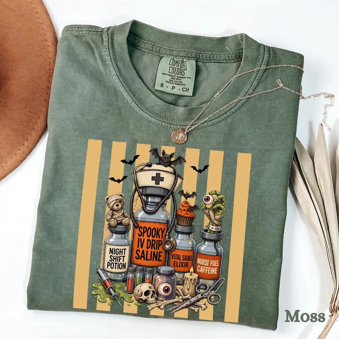 Nurse Halloween Potion Bottles Comfort Colors T-Shirt alternate product view in Moss.