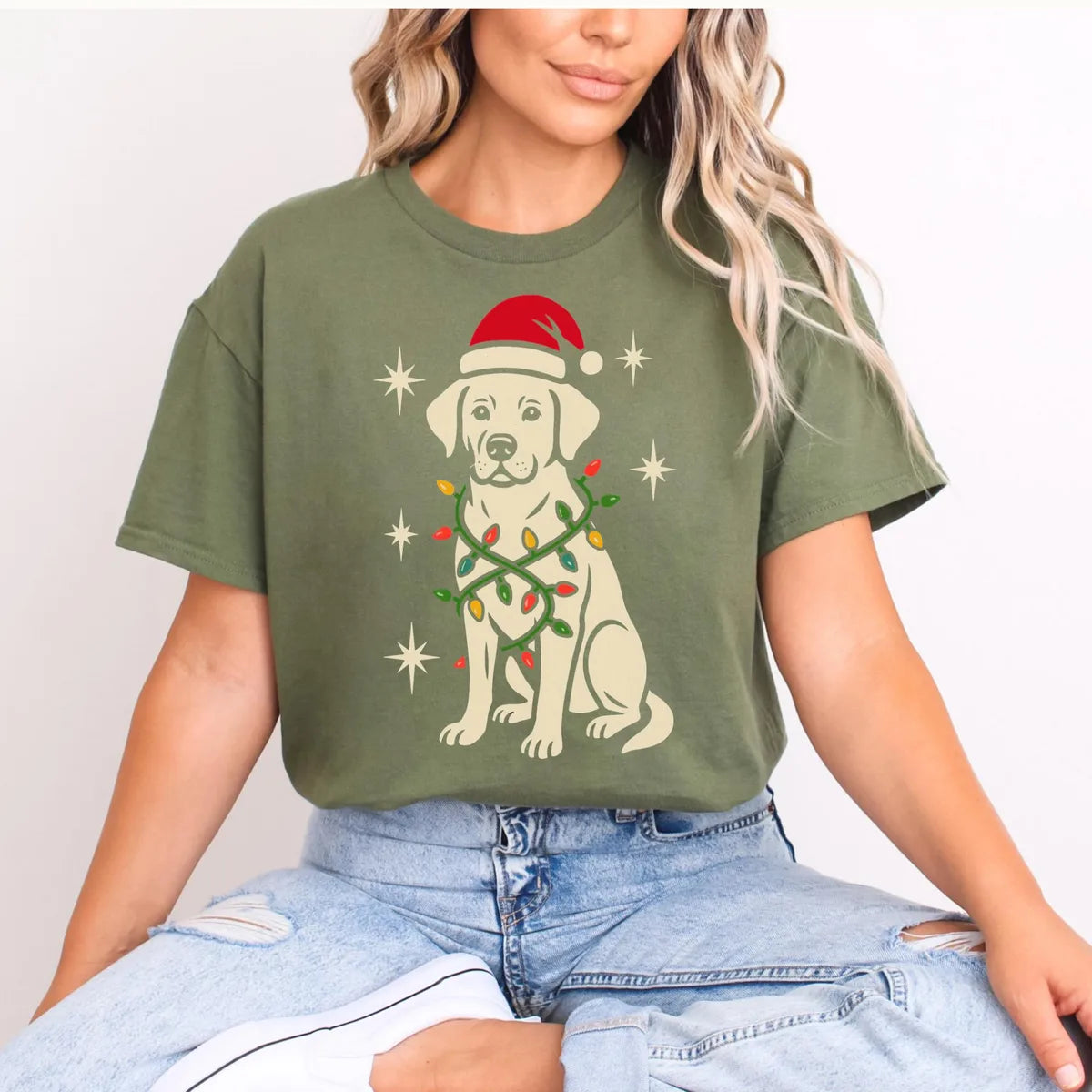 MILITARY GREEN Crewneck sweatshirt with Dog Christmas design shown on a model.