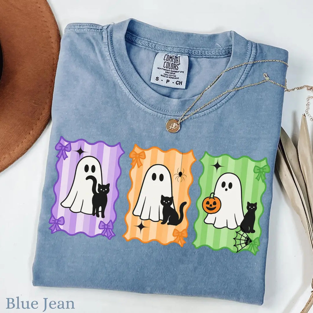 Colorful Ghost & Black Cat Panels - Halloween Comfort Colors T-Shirt alternate product view in Blue Jean.