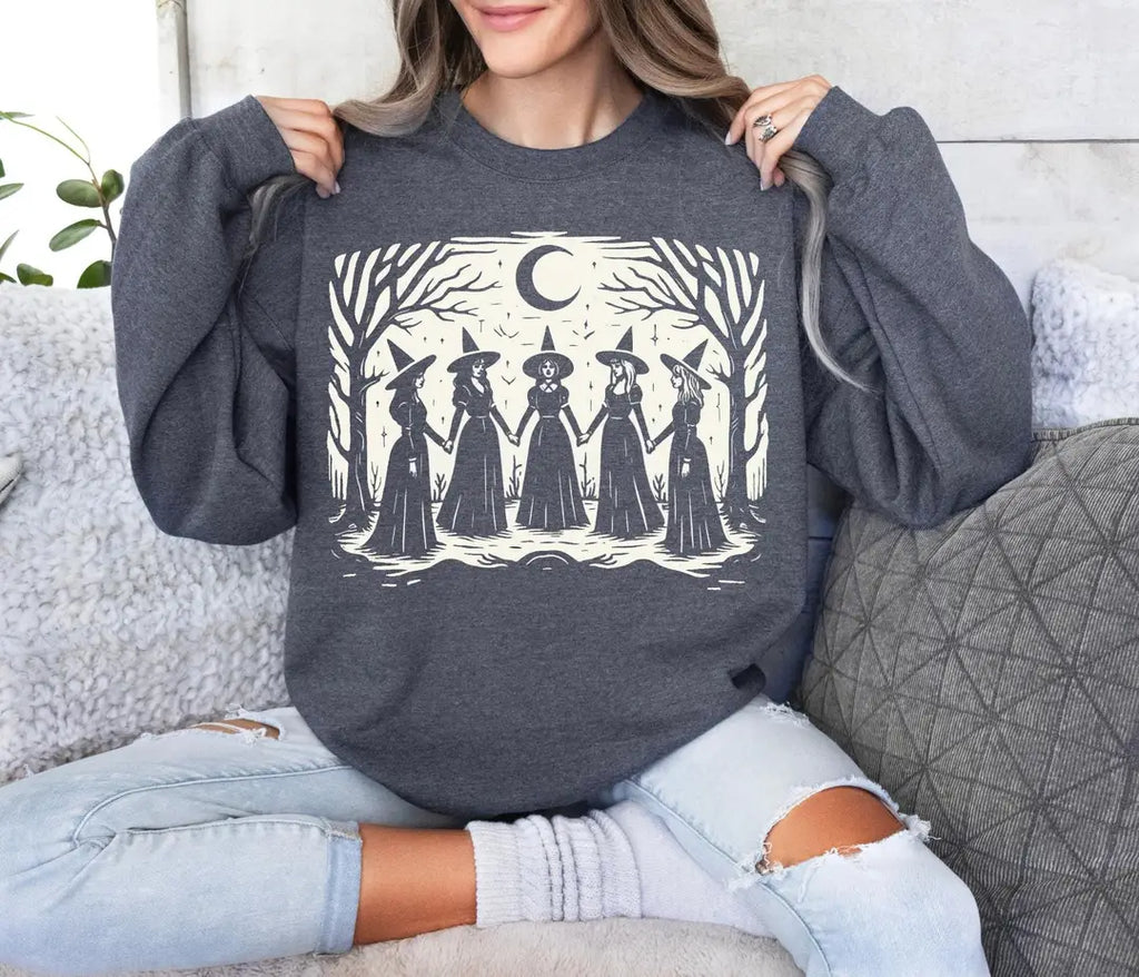 Crewneck sweatshirt with printed Vintage Girls Will Be Girls Witch design, alternate product view.