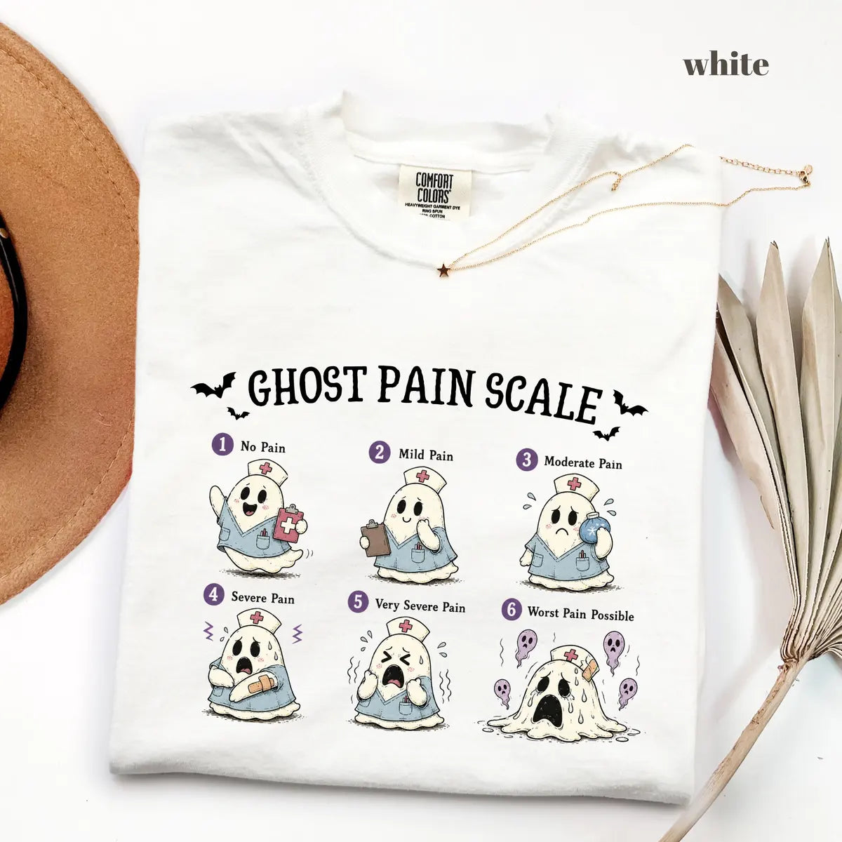 White Comfort Colors 1717 T-shirt with Ghost Pain Scale Nurse design