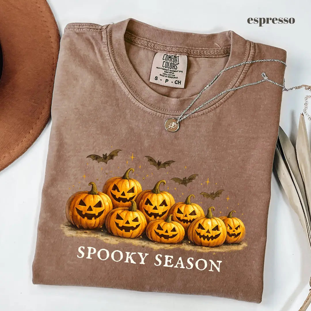 Espresso Comfort Colors 1717 T-shirt with Spooky Season Pumpkin design