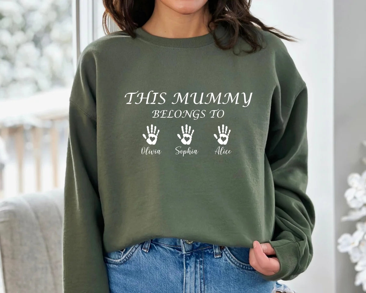Crewneck sweatshirt with Custom This Mummy Belongs design, alternate product view.