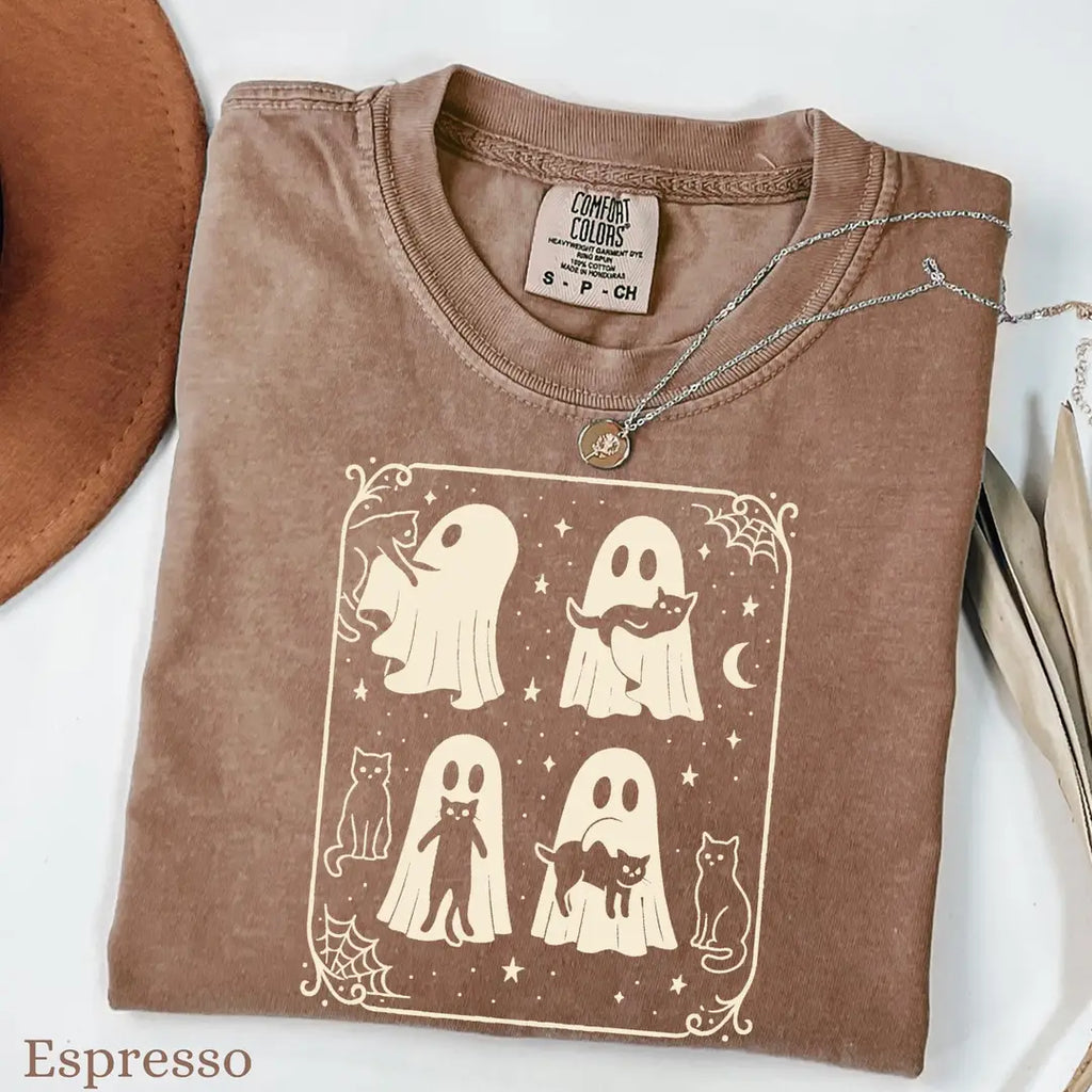 Ghosts & Black Cats - Gothic Halloween Comfort Colors T-Shirt alternate product view in Espresso.