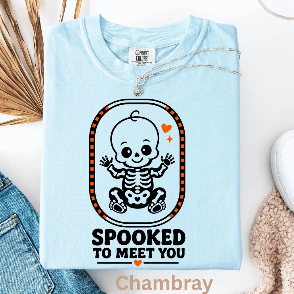 Spooked to Meet You - Halloween Pregnancy Announcement Comfort Colors T-Shirt alternate product view in Chambray.