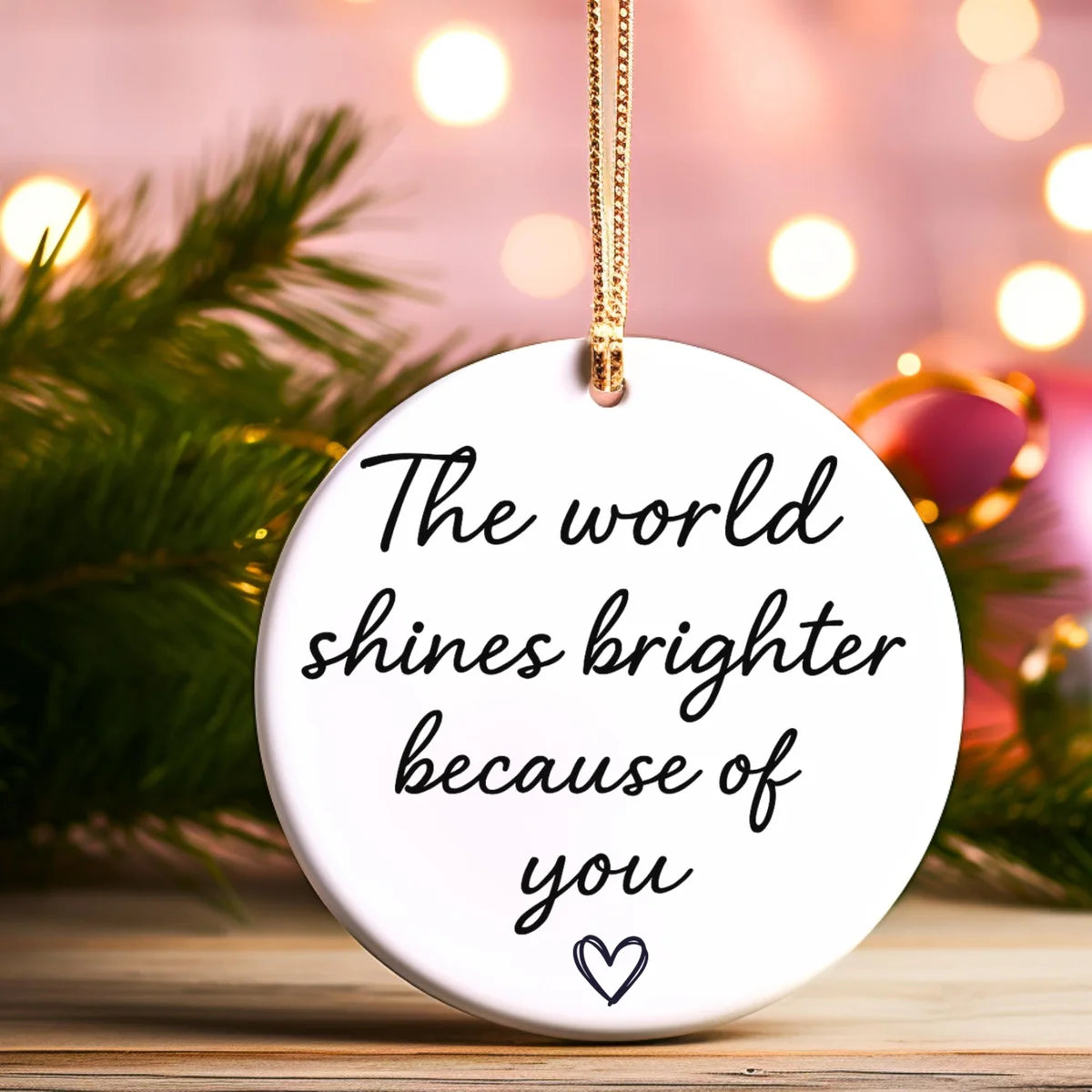 Alternate view of a round ceramic ornament with the visible The World Shines Brighter Because of You message.