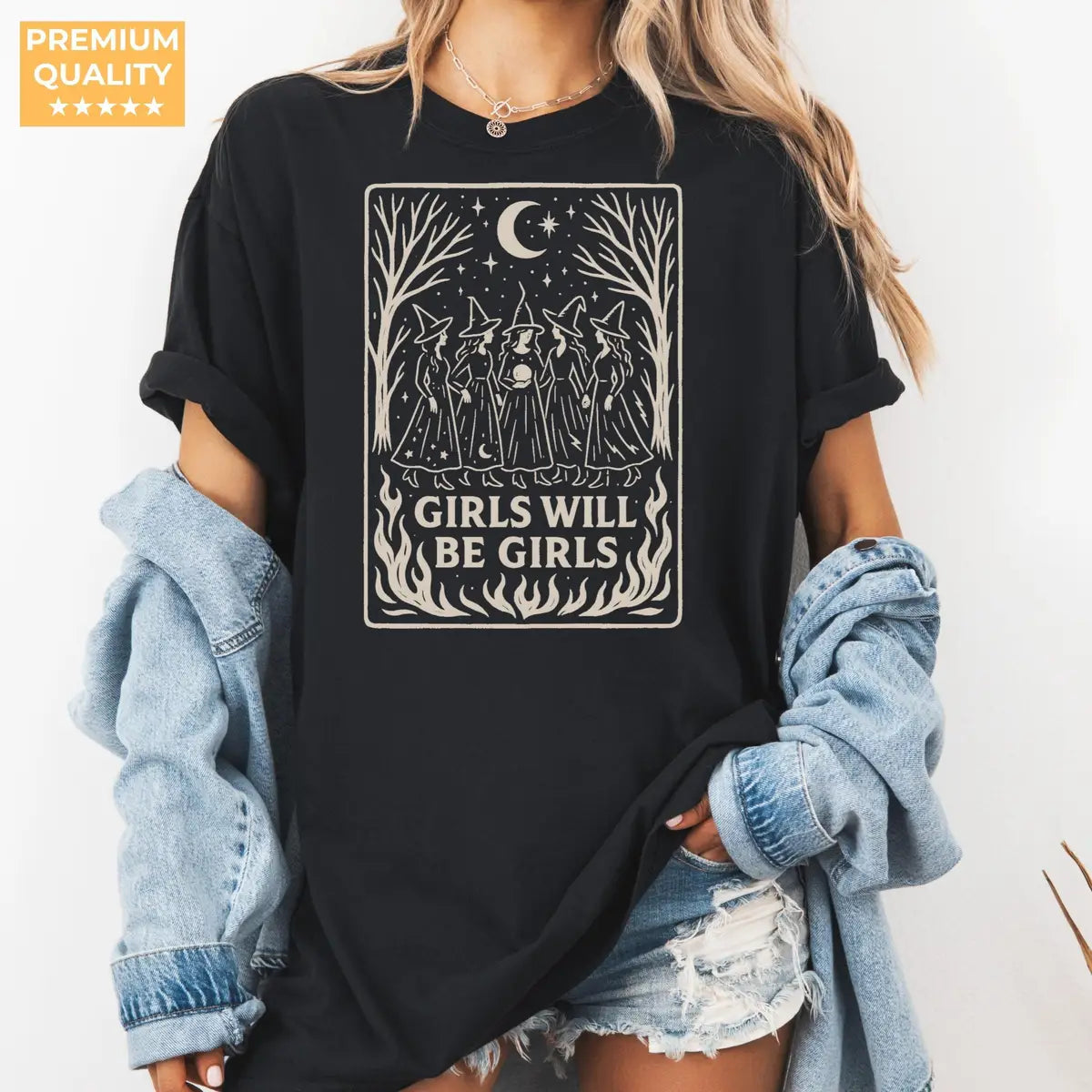 Girls Will Be Girls - Witches in Flames Comfort Colors T-Shirt alternate product view in Black.